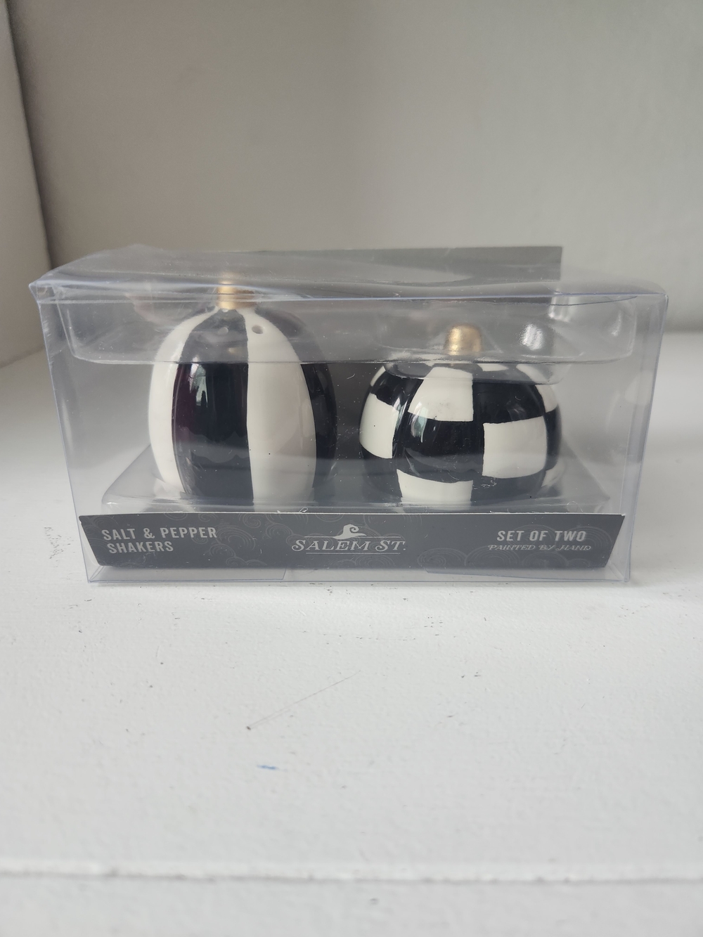 Black & White Check and Stripe Salt & Pumpkin Pepper Shaker Set